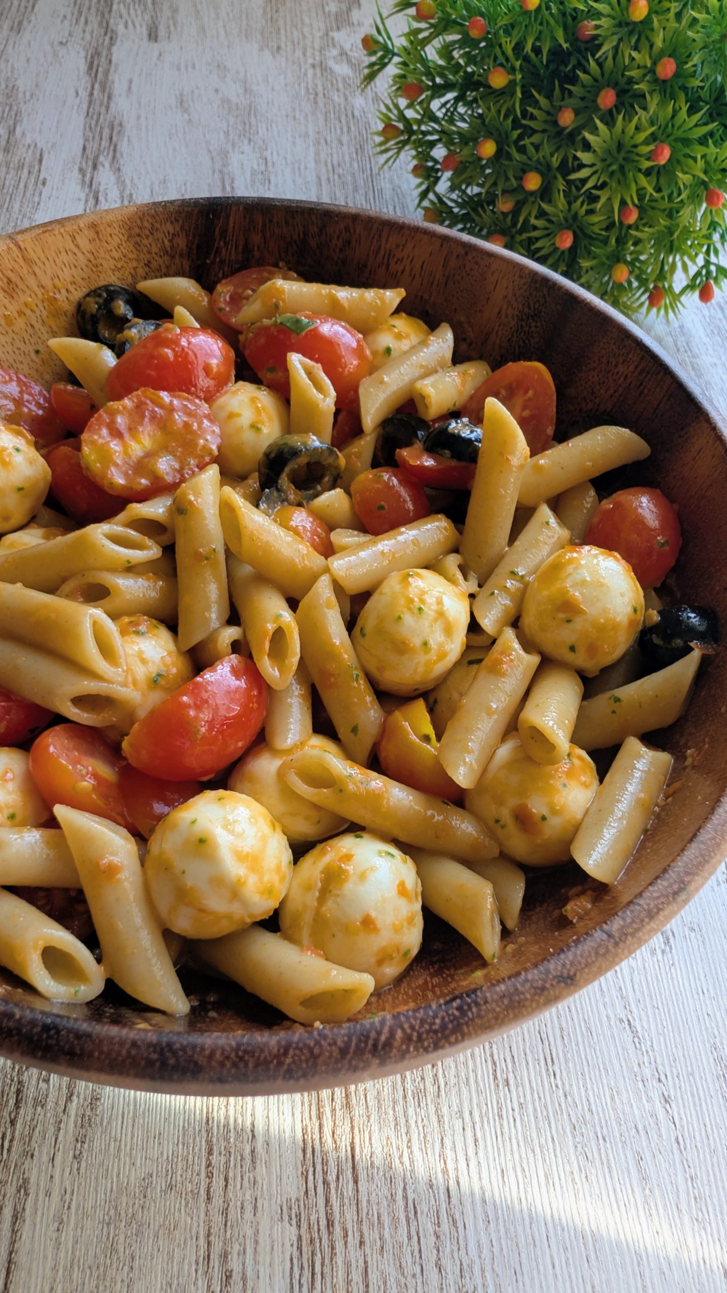 Ensalada caprese con pasta, tomates cherry, aceitunas negras y mozzarella, servida en un plato blanco y lista para comer.