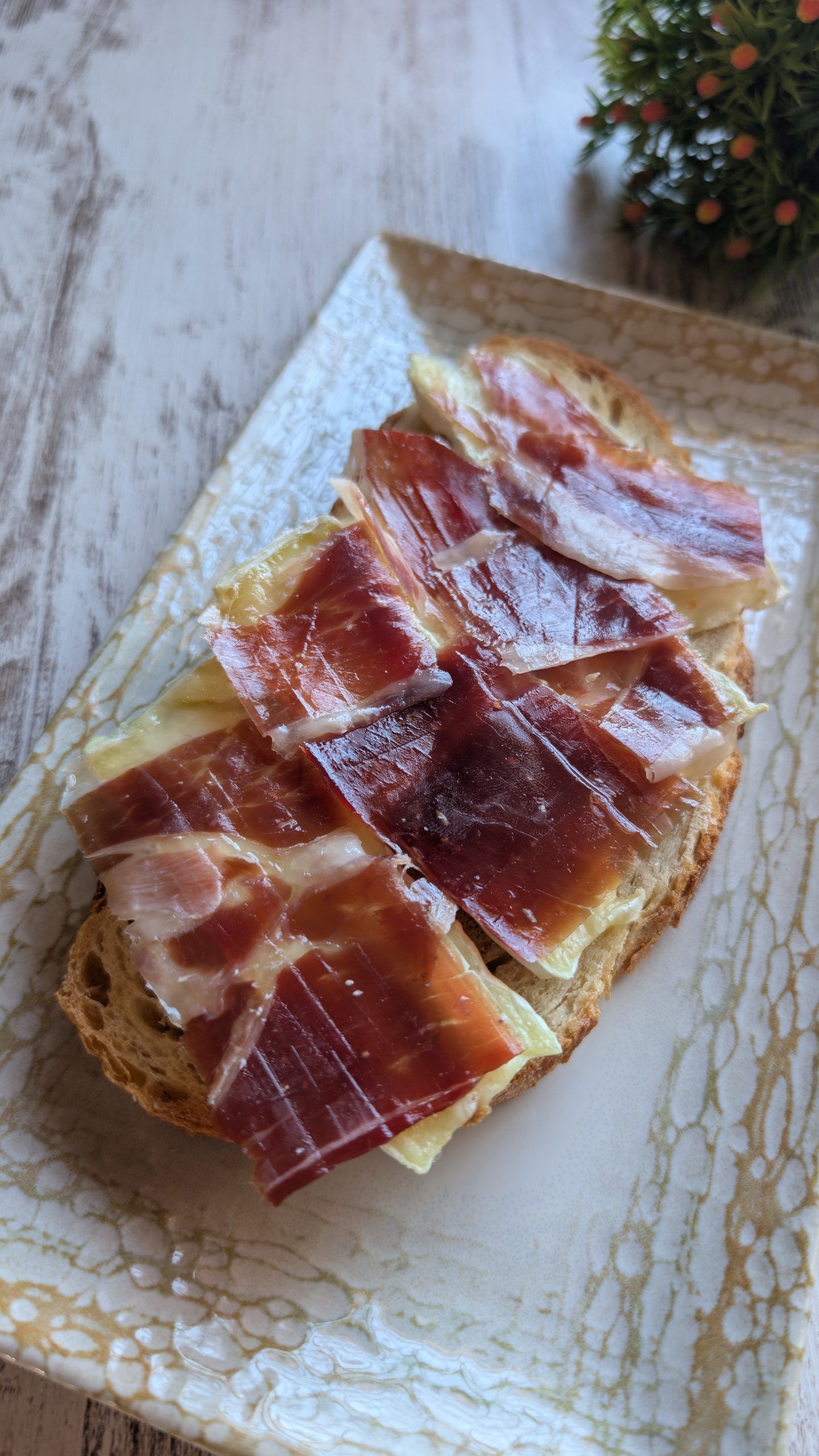 Tosta de pan artesano con queso brie fundido y lonchas de jamón ibérico de bellota 100% por encima, recién hecha en freidora de aire.