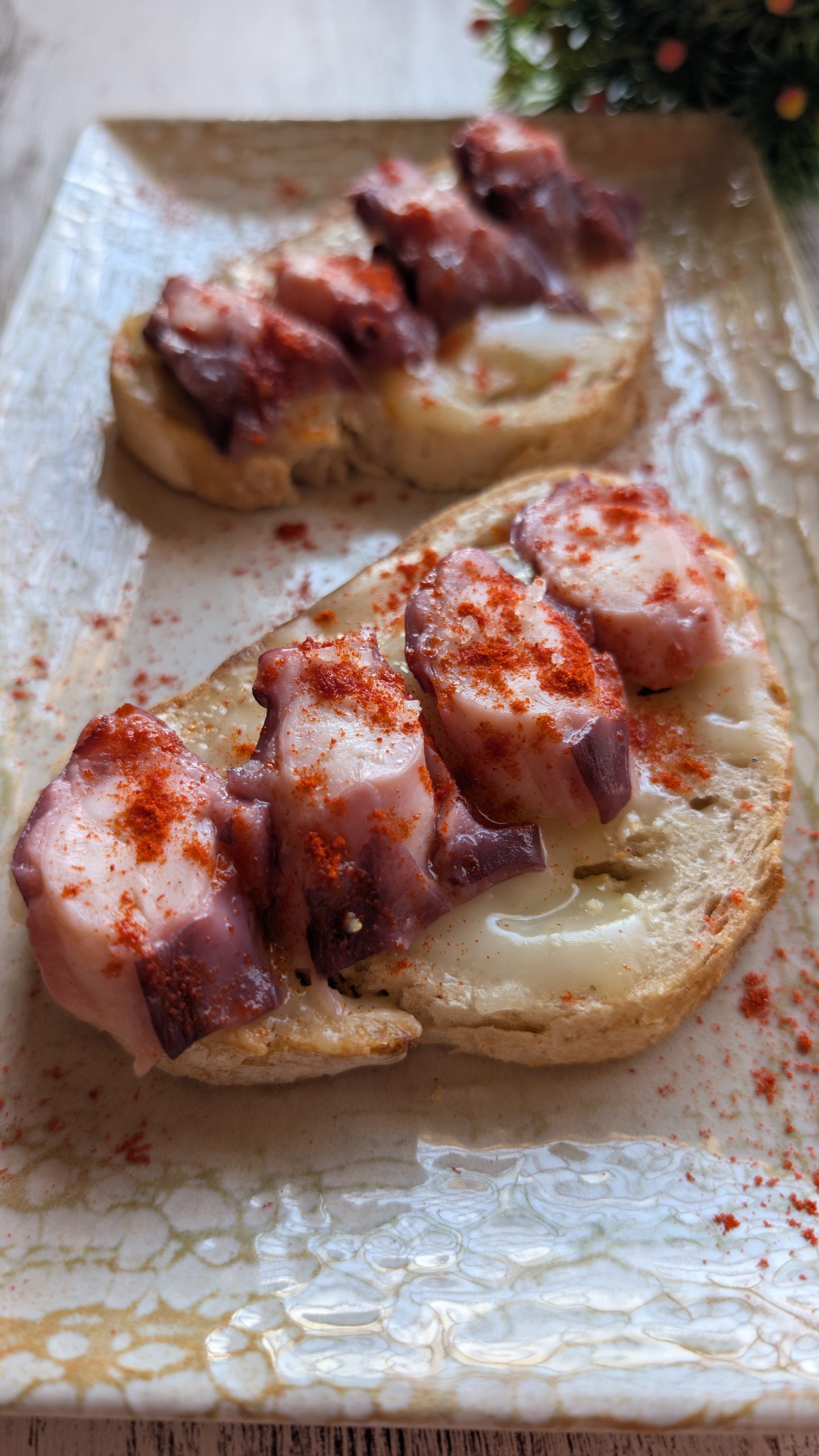 Tosta de pan artesano con queso cremoso, rodajas de pulpo cocido, escamas de sal y pimentón por encima.
