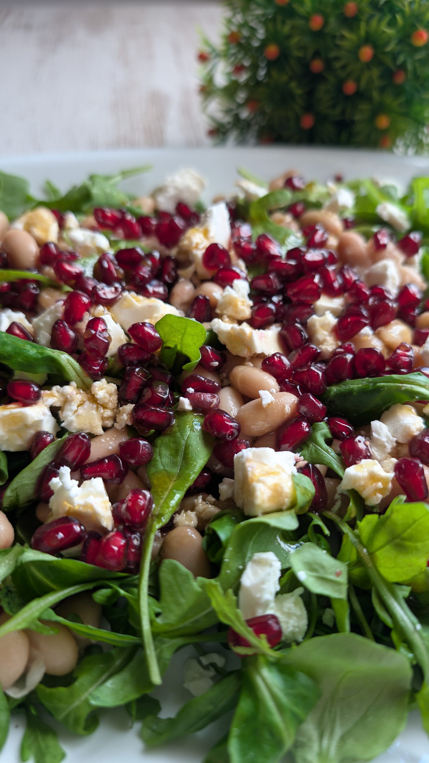Ensalada de alubias blancas con granos de granada roja, dados de queso blanco y brotes verdes, aliñada con vinagreta balsámica