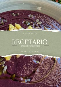 Portada del recetario digital en PDF con fotos de purés de verduras saludables y coloridos.
