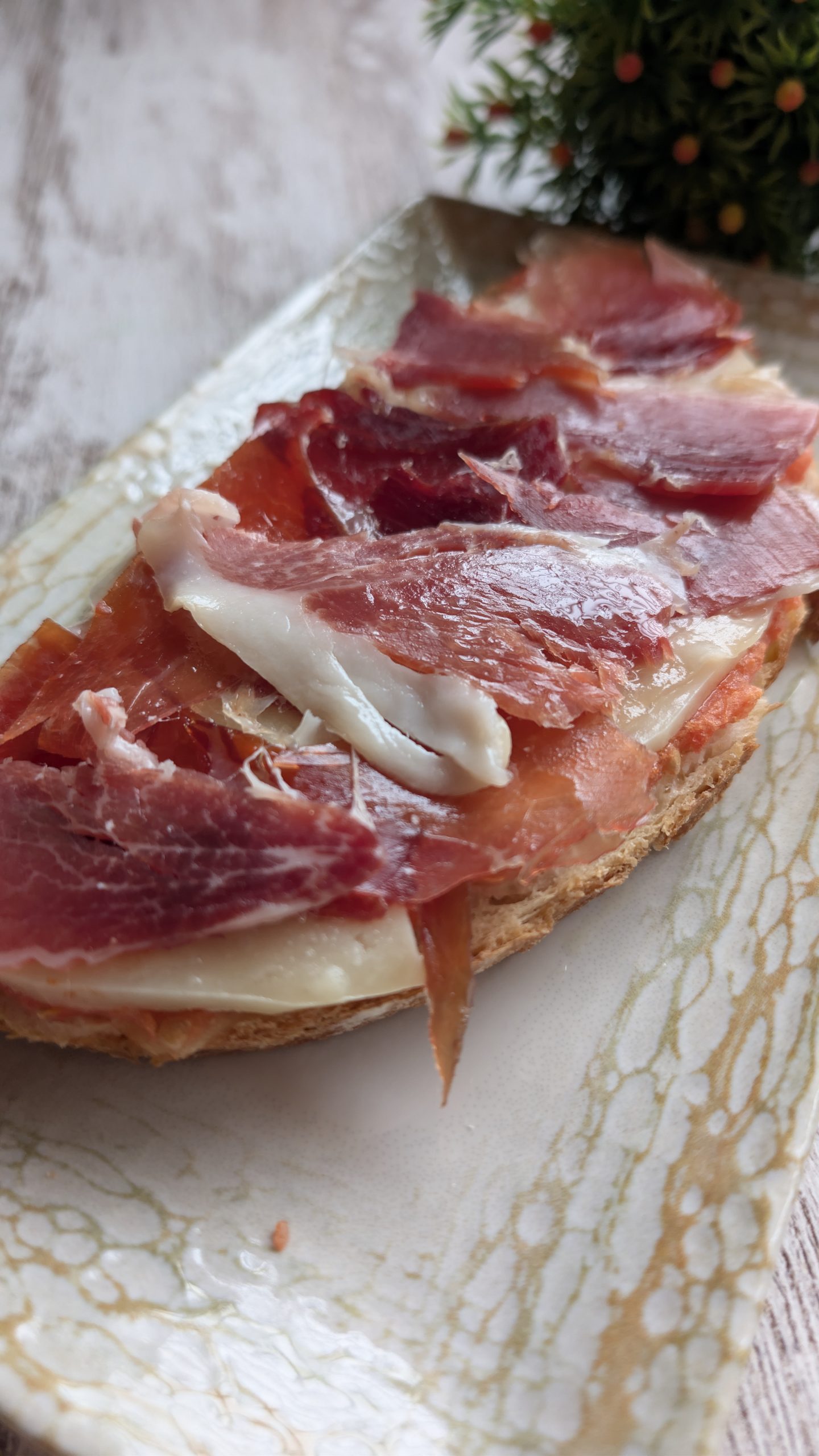 Tostada de pan integral artesano con queso de oveja fundido, tomate rallado y una loncha de jamón por encima.