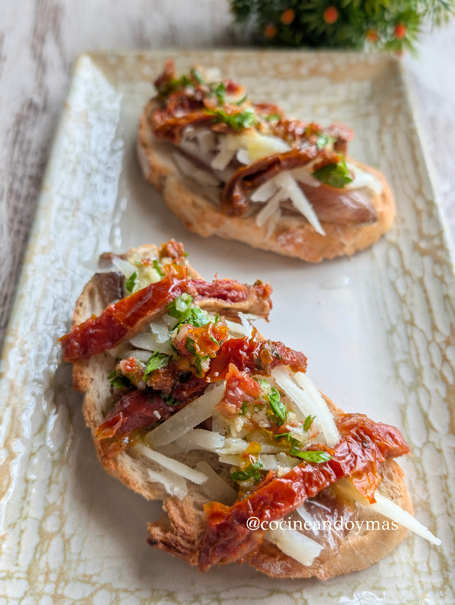 Tosta de pan crujiente con filetes de anchoa, queso curado rallado, tomate seco y aliño de ajo y perejil