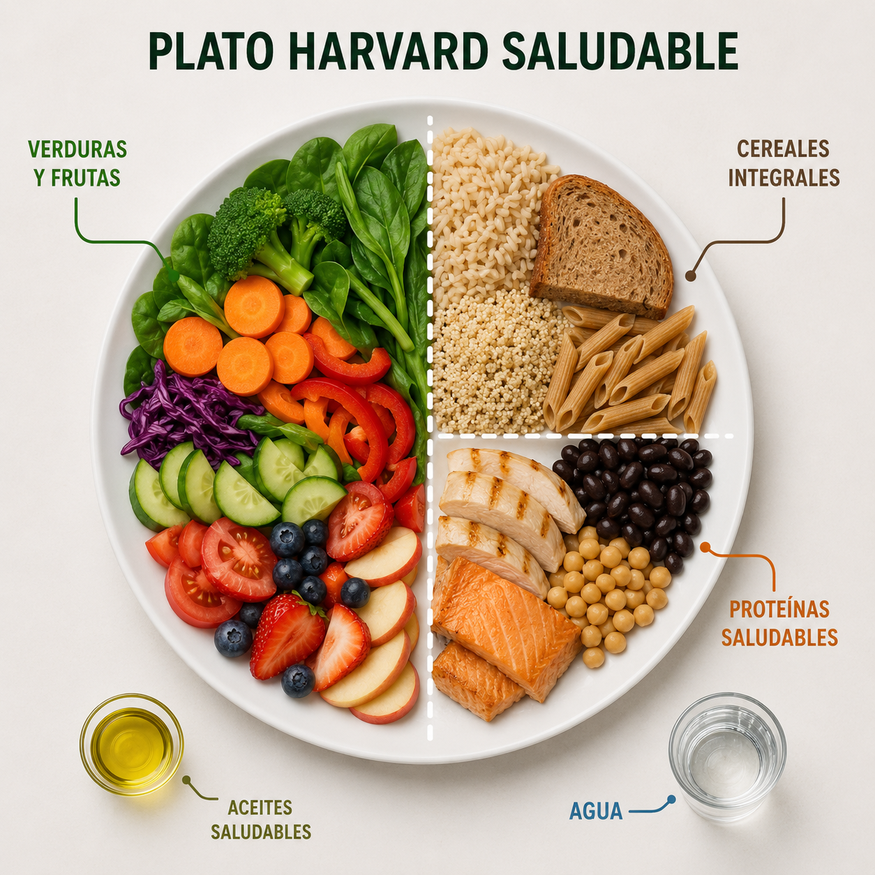 Infografía del Plato de Harvard saludable: mitad verduras y frutas, un cuarto cereales integrales y un cuarto proteínas saludables