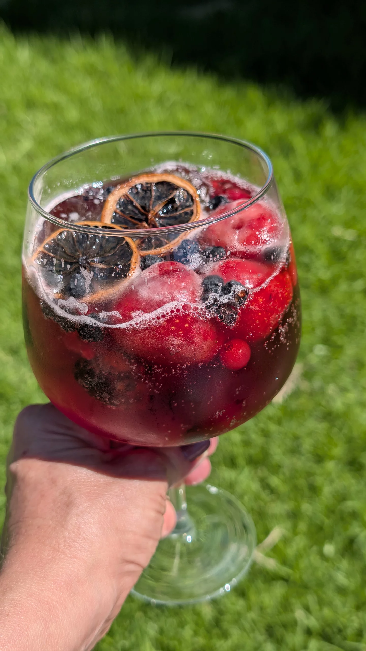 Copa grande con hielo, frutos rojos flotando, una rodaja de limón seco y kombucha servida como un cóctel de verano.