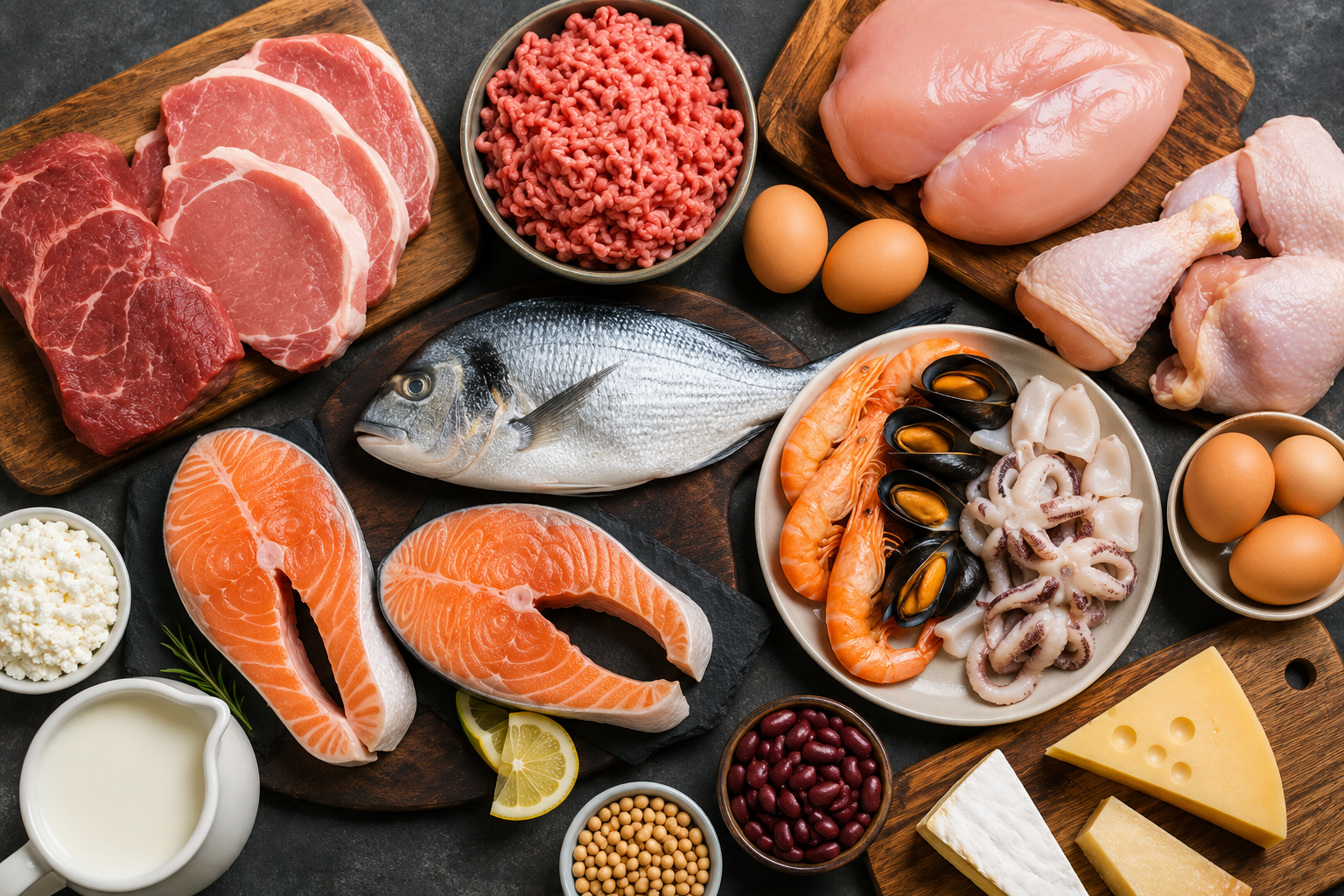 Alimentos ricos en proteína: carne, pollo, pescado, marisco, huevos, lácteos y legumbres