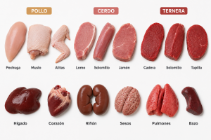Piezas de carne de pollo, cerdo y ternera con hígado y vísceras sobre tabla, partes magras y cortes olvidados del animal entero