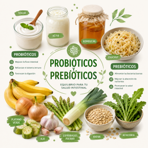 Selección de alimentos ricos en prebióticos y probióticos como yogur natural, kéfir, plátanos y legumbres sobre una mesa de madera.