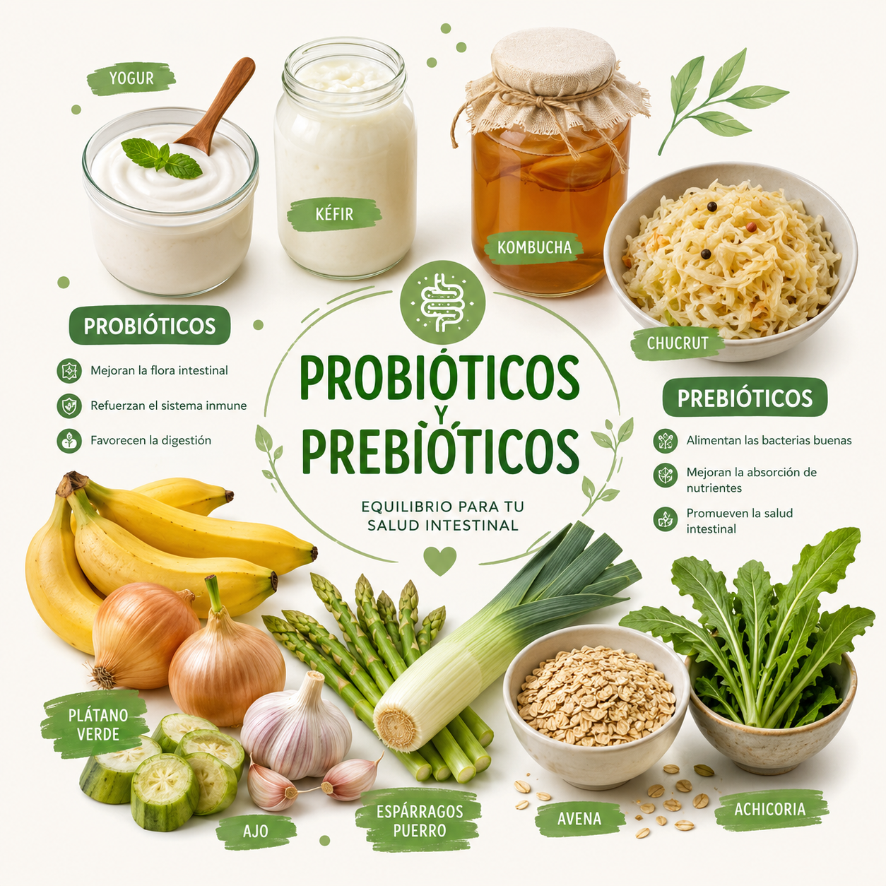 Selección de alimentos ricos en prebióticos y probióticos como yogur natural, kéfir, plátanos y legumbres sobre una mesa de madera.