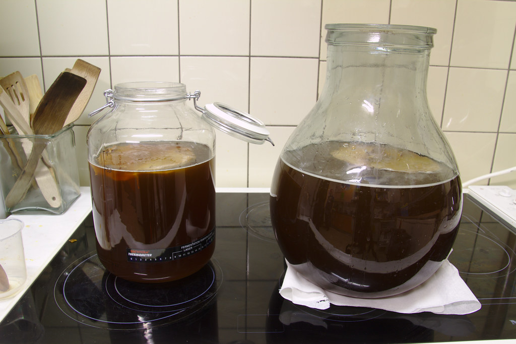 Botes de cristal con kombucha y SCOBY