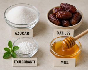 Cuencos con azúcar, dátiles, miel y edulcorante sobre encimera, comparando distintas formas de endulzar