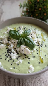 Cuenco blanco con crema fría de color verde claro, decorada con dados de queso feta, semillas de sésamo negro y hojas de albahaca fresca.