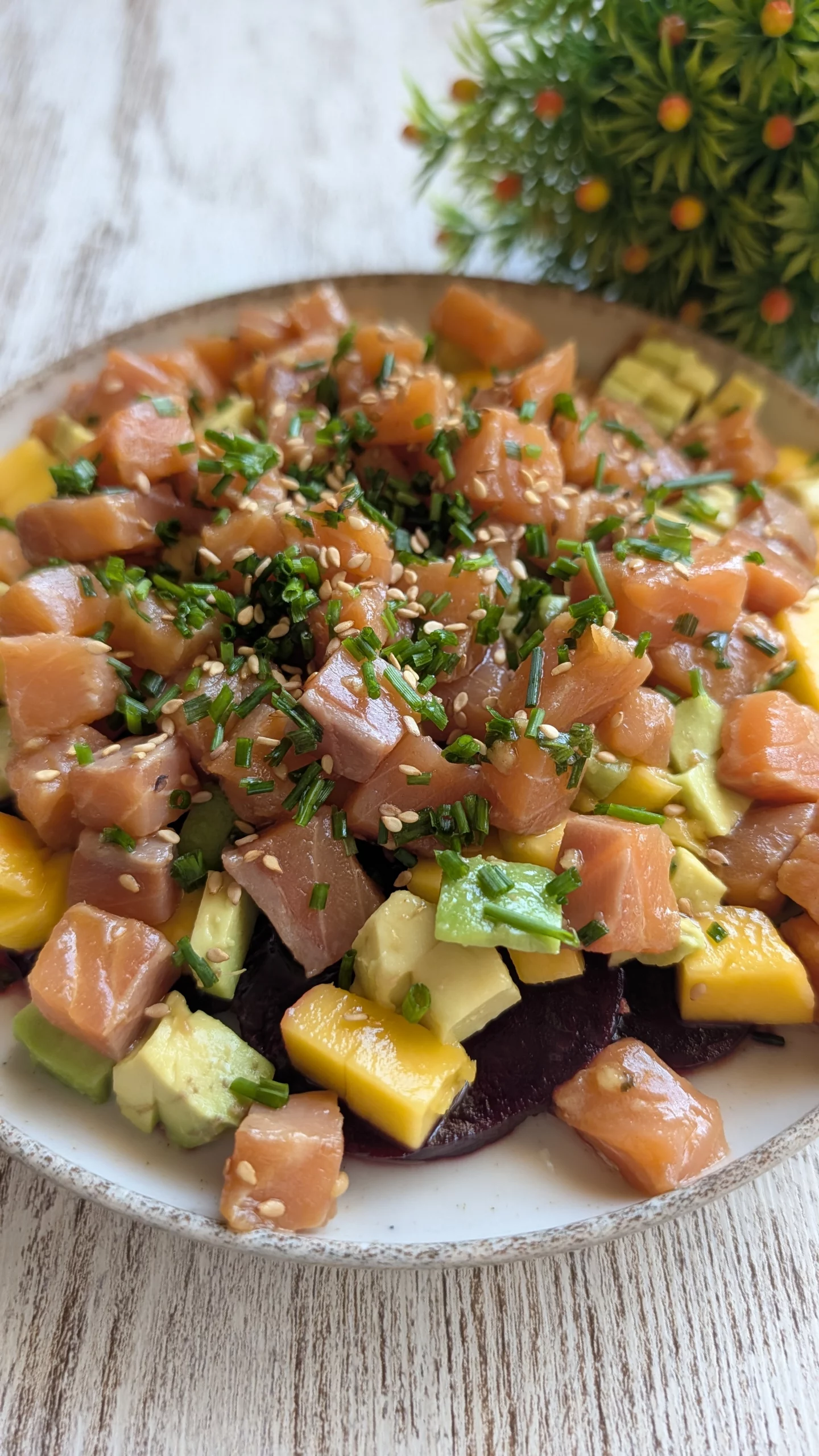 Tartar montado en aro con base de láminas de remolacha, capas de aguacate, mango y salmón picado con sésamo y cebollino.