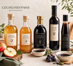 Distintos tipos de vinagre de Montilla-Moriles en botellas y cuencos