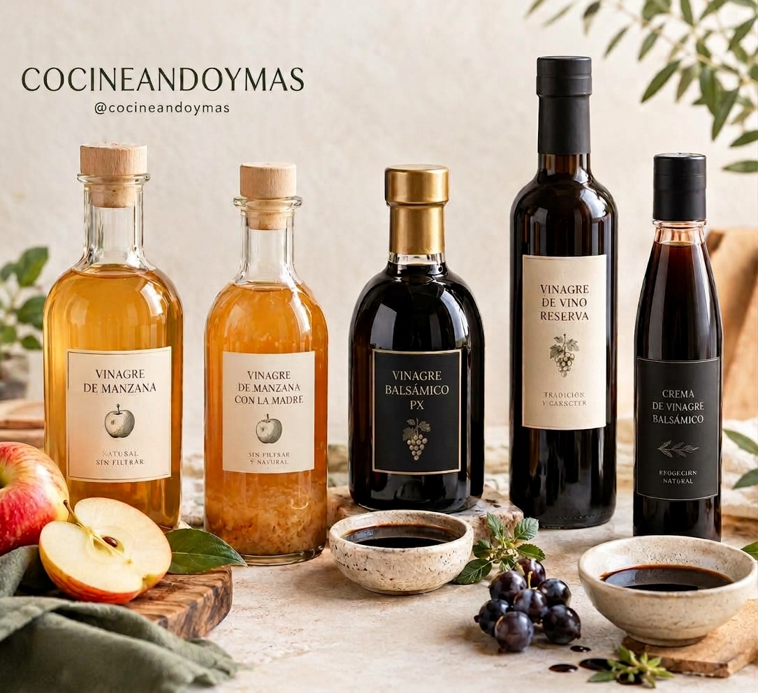 Distintos tipos de vinagre de Montilla-Moriles en botellas y cuencos