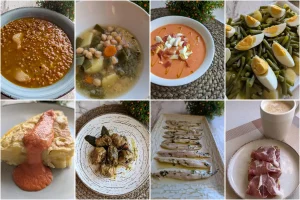 Platos de dieta mediterránea tradicional: lentejas, cocido, salmorejo cordobés, ensalada campera, tortilla de patata, pollo al ajillo, boquerones en vinagre y tostada con jamón