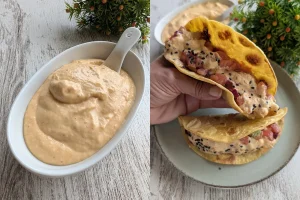 Mayonesa saludable de kimchi en un cuenco blanco y tacos de salmón con salsa de kimchi y sésamo negro