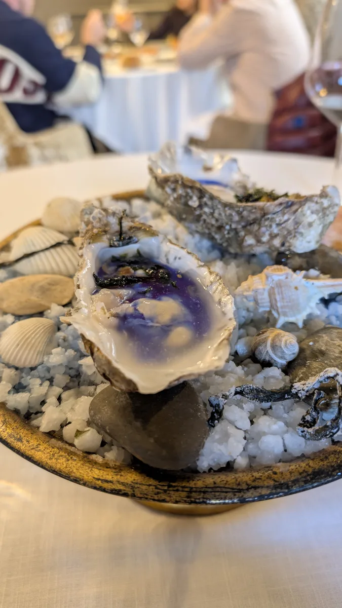 Ostra servida sobre conchas y piedras en La Casa de Manolete Bistró, Córdoba