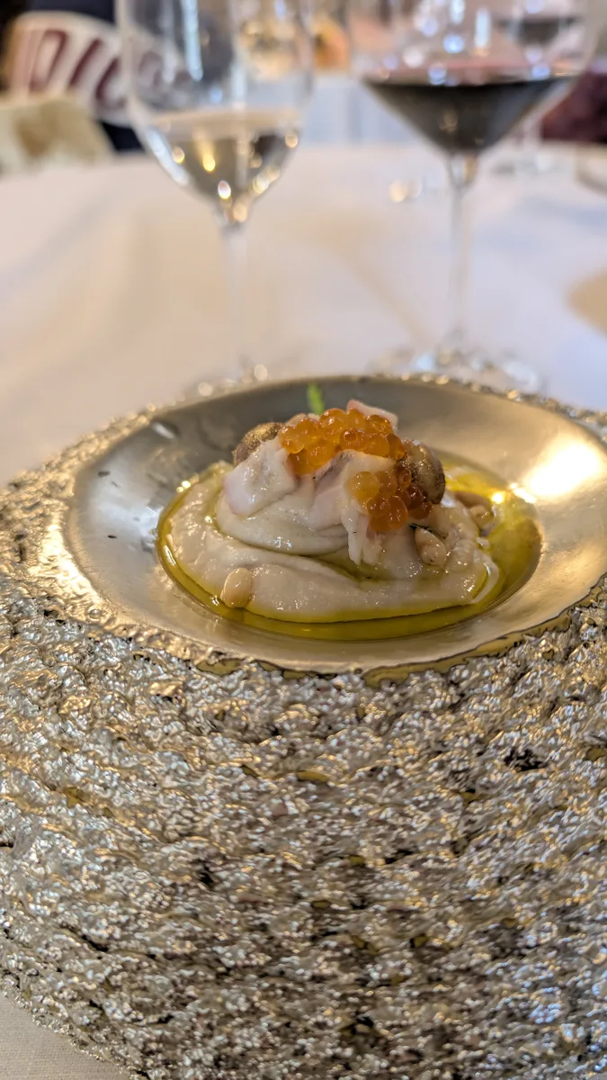 Pase con huevas del menú degustación en La Casa de Manolete Bistró, Córdoba