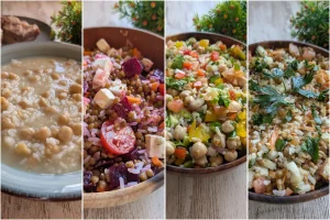 Platos de legumbres con arroz: cocido con arroz, ensaladas de lentejas y arroz y ensalada de garbanzos con arroz y pico de gallo