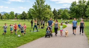 Peques jugando al fútbol, familias paseando con carrito y perro y gente entrenando en un parque: moverse cada día más allá del deporte