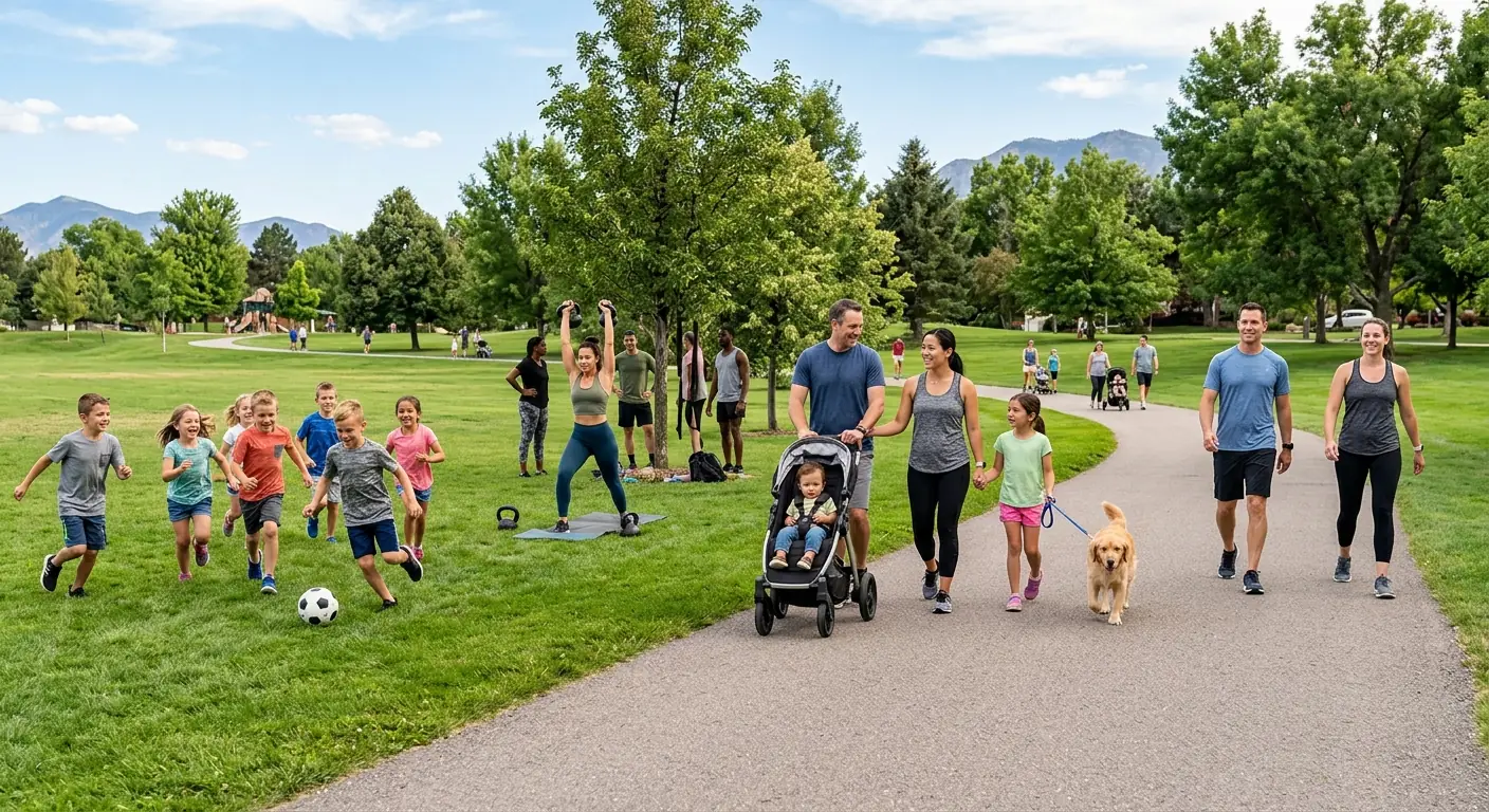 Peques jugando al fútbol, familias paseando con carrito y perro y gente entrenando en un parque: moverse cada día más allá del deporte